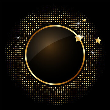 Luxury black and gold round badge with glitter halftone background, golden frame and sparkling stars. Premium vector label template for sale, award, promotion, logo or luxury branding.