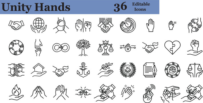 Unity Hands Black Outline Icon Set - Handmade Vector Line Art Diversity and Inclusion Corporate Program Symbols, Workplace Community Equity Graphics, and Cultural Solidarity Interface Assets