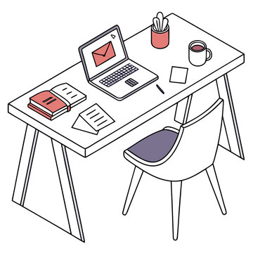Illustration of a workspace with a laptop books a cup of coffee workspace computer productivity concentration efficiency organization planning preparation research learning
