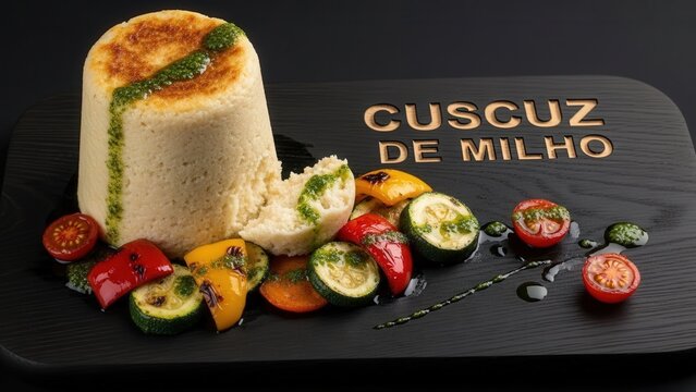 Molded cuscuz de milho cylinder with roasted vegetables and herb oil on traditional Balanta cloth, food photography with earth toned negative space