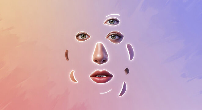 Surreal Collage of Human Face Parts, Eyes and Lips, Abstract Background
