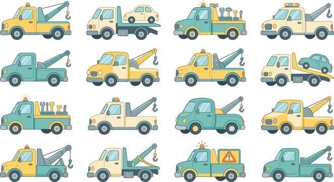 Collection of flat vector tow truck icons for roadside assistance services and automotive repair businesses