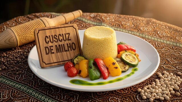Molded cuscuz de milho cylinder with roasted vegetables and herb oil on traditional Balanta cloth, food photography with earth toned negative space