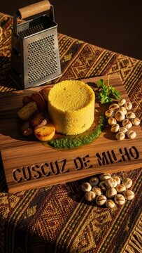 Molded cuscuz de milho cylinder with roasted vegetables and herb oil on traditional Balanta cloth, food photography with earth toned negative space
