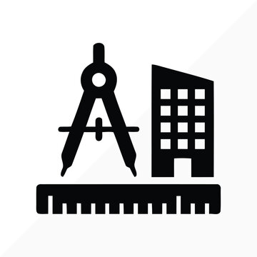 Architecture design tools icon with compass ruler and building