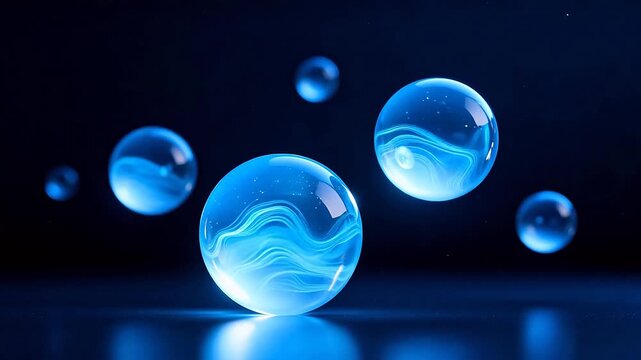 Blue glass spheres with swirling patterns