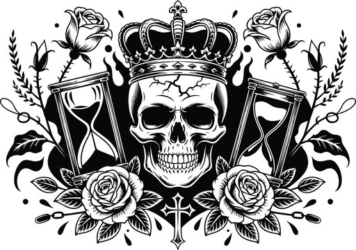 Vintage gothic skull emblem with crown and hourglass roses cross illustration for tattoo design on transparent backdrop.
