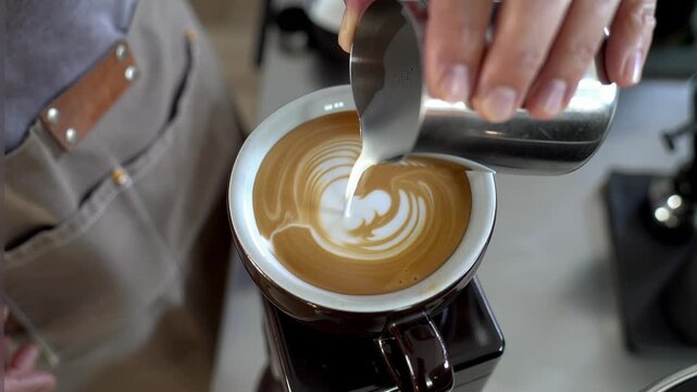 Barista pouring steamed milk into coffee cup. Professional maker creating heart latte art design. Skillful beverage preparation in cafe for breakfast experience.