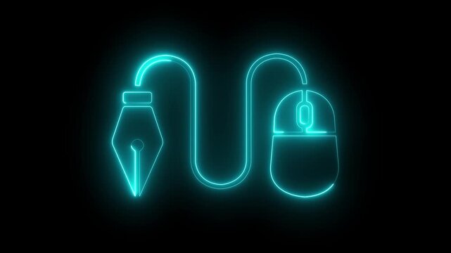 glowing neon fountain pen and computer mouse icon isolated on black background, representing digital writing, creative design and digital content creation. 4k video animation.