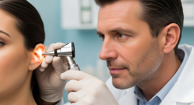 Male Doctor Examining Female Patient Ear with Otoscope in Clinic
