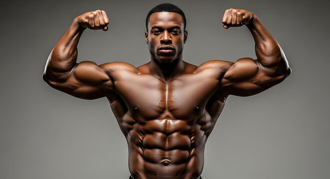 Powerful athletic Black man flexing double biceps muscles on gray background