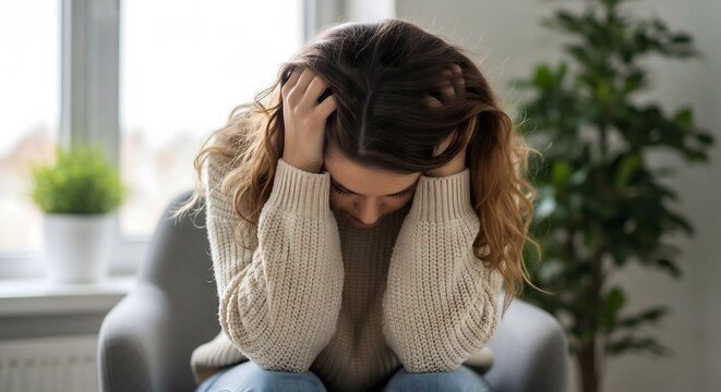 Woman Depressed Suffering Anxiety And Stress Holding Head In Hands