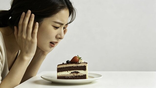 Woman shaking head at tempting cake on plate before her