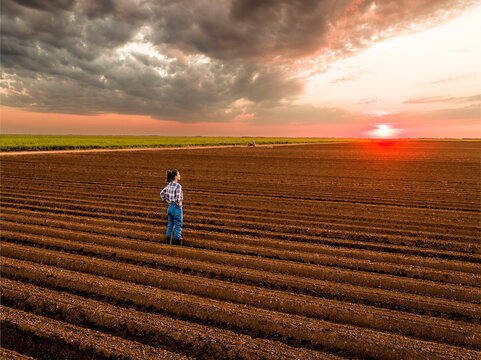 Farmer standing with hands on hip at agricultural field on sunset