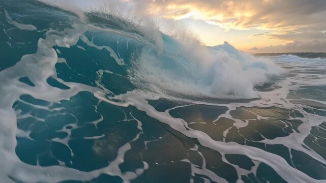 Ocean wave breaking during sunset. Water splashing in sea at dusk. Dynamic liquid motion and natural power in marine environment. Wild element landscape scene.