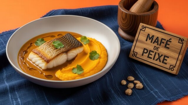 Seared fish in maf&eacute; sauce with sweet potato puree and micro cilantro, traditional food photography with warm orange negative space
