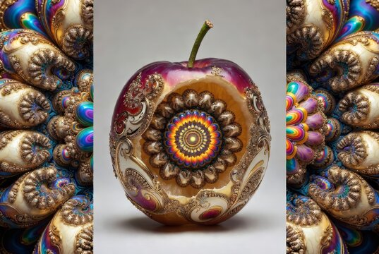 Mela surreale intagliata con nucleo frattale luminoso e filigrana dorata, arte generata con IA