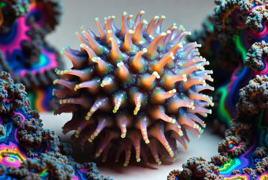 Microrganismo astratto a forma di virus con texture organica, formazioni frattali e colori neon psichedelici, arte generata con IA