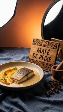 Seared fish in maf&eacute; sauce with sweet potato puree and micro cilantro, traditional food photography with warm orange negative space