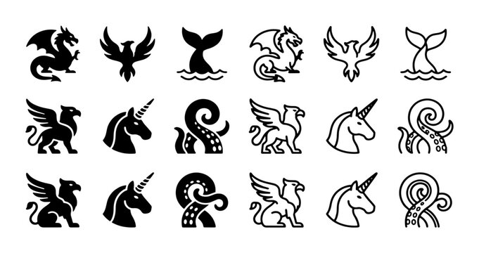 Mythical creature icon set with 18 vector elements. Fantasy beast silhouettes and line art including dragon, phoenix, griffin, unicorn, and kraken tentacles.