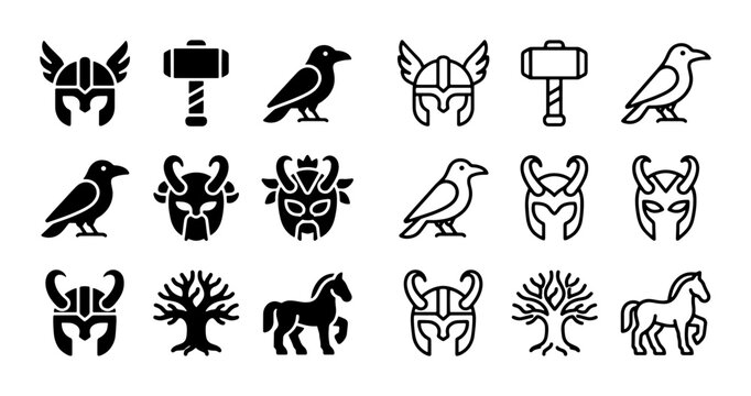 Norse mythology icon set, viking helmet and thor hammer symbols, 18 black vector elements for gaming and history branding