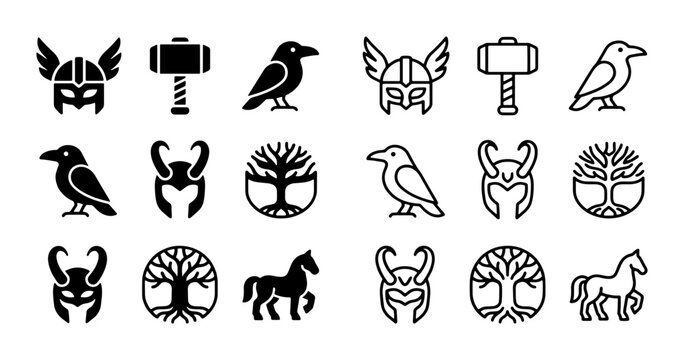 Viking mythology icon set, 18 Norse culture vector elements, black line and solid silhouette symbols of Thor hammer, Odin raven, and Yggdrasil tree