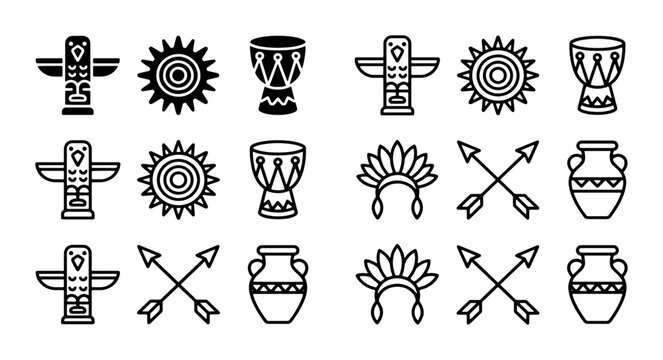 Native American tribal icons set, indigenous culture symbols including totem poles and djembe drums, ethnic line art vector collection