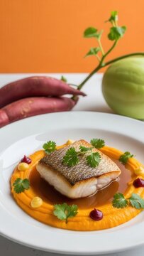 Seared fish in silky mafe sauce with sweet potato puree and micro cilantro, minimalist food photography with warm orange negative space