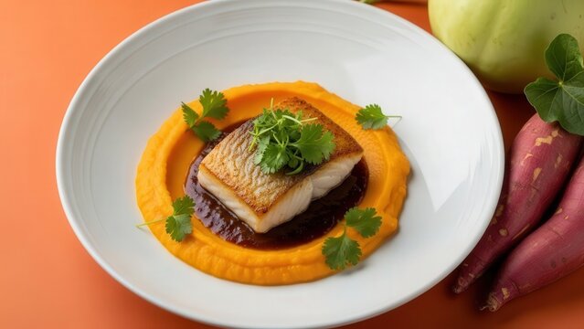 Seared fish in silky mafe sauce with sweet potato puree and micro cilantro, minimalist food photography with warm orange negative space