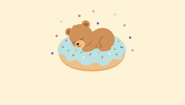 Cute little brown baby bear sleeping peacefully on a large blue glazed donut decorated with colorful sprinkles.