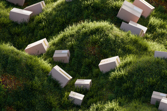 3D outdoor parcel landscape with boxes across grassy terrain