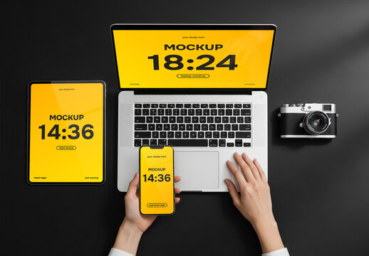 Responsive design laptop, tablet, smartphone top view mockup