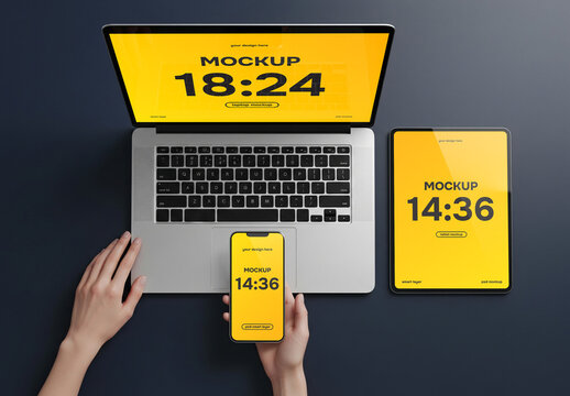 Responsive design laptop, tablet, smartphone top view mockup