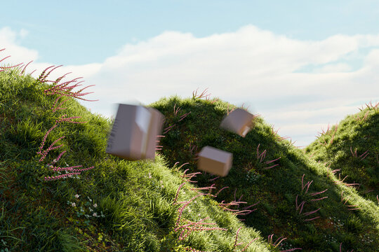 3D flying parcel landscape above grassy hills and flowers