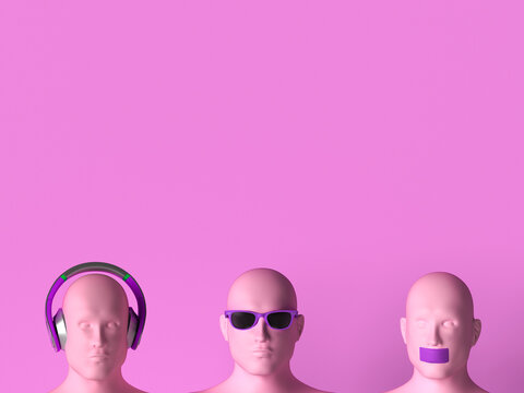 Pink 3D rendered busts depict the hear see and speak no evil proverb