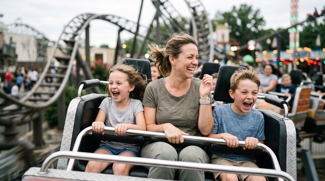 Mother two kids riding rollercoaster fun amusement park thrill
