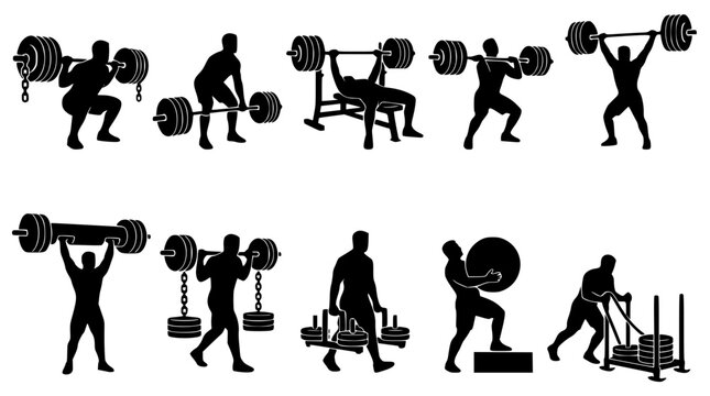 Diverse weightlifting exercises in silhouette vector style against white background