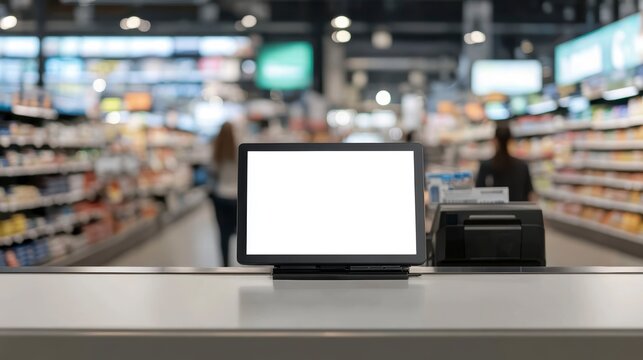 Blank screen POS terminal on supermarket checkout counter with blurred shoppers.