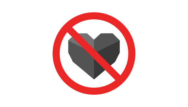 Black geometric heart crossed out with a red prohibition sign representing anti-love or heartbreak.