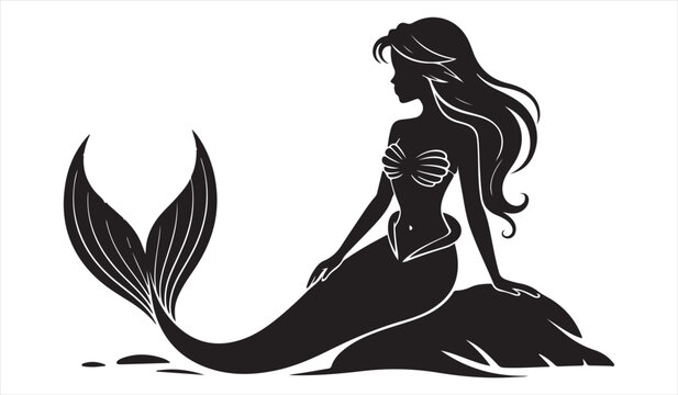 Mythical Mermaid Silhouette with Flowing Hair and Detailed Fishtail Vector Art
