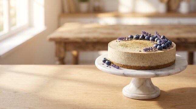 Earl Grey Mousse Cake on Marble Stand for Restaurant Food Advertising Background