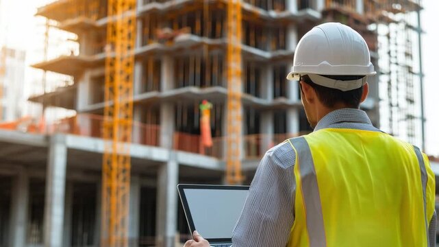 Construction worker examines digital plans on laptop while monitoring progress at building site in the evening hours