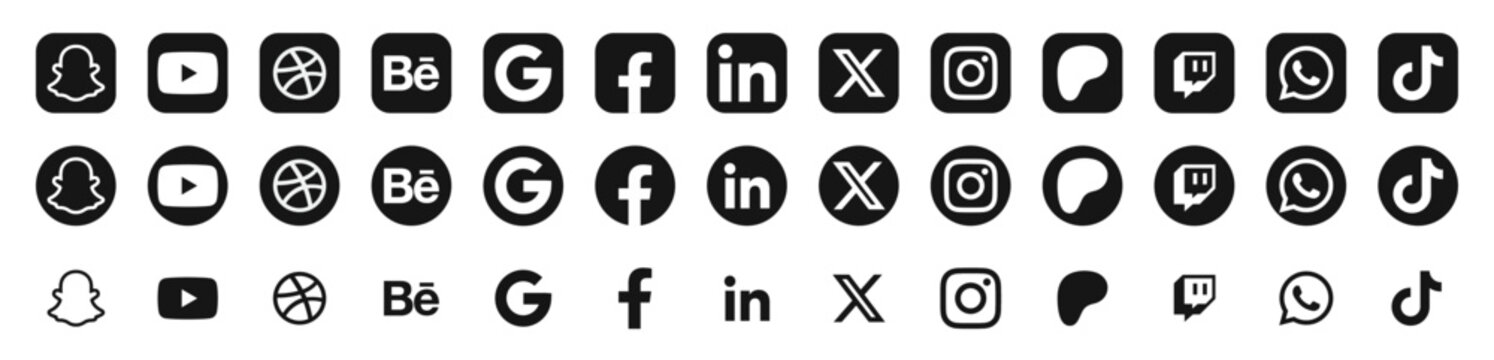 Social media icons buttons. social media logo set, Facebook, Instagram, Youtube, Whatsapp, Twitter, X, Snapchat, LinkedIn, TikTok, icon - social network logos collection.