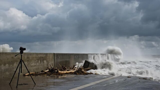 A professional camera on a tripod records massive ocean waves crashing against a concrete sea wall during a huge storm.