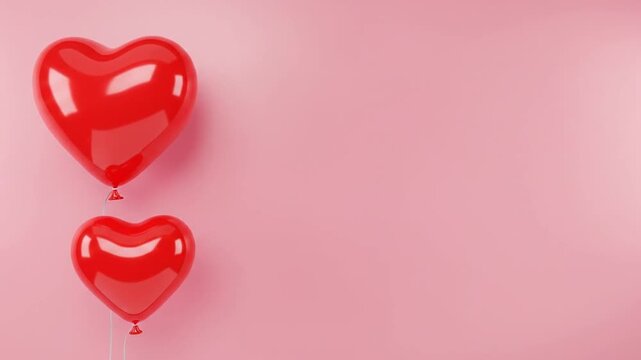 Red heart shaped balloons floating on pink background with copy space