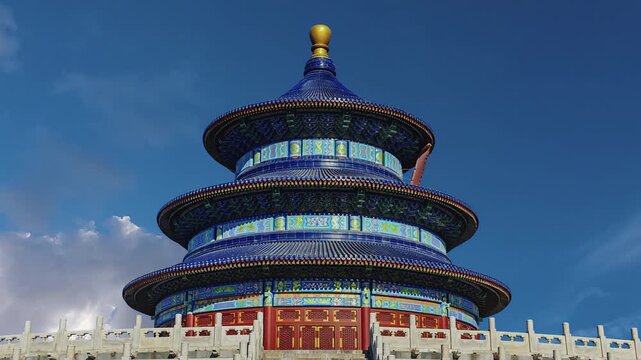 A stunning timelapse capturing the architectural grandeur of the Temple of Heaven, with clouds moving swiftly above the Hall of Prayer for Good Harvests in Beijing. 