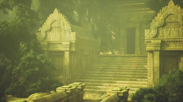 Sunlit temple entrance bathed warm light, shadows emphasize carved motifs, creeping vines soften edges, humid atmosphere shimmers, evokes discovery and calm