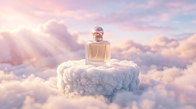 Elegant glass fragrance bottle resting on a cloud podium floating in a dreamlike pastel sky
