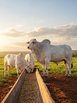 Touros Nelore de elite alimentando-se em cocho de madeira em fazenda brasileira. Pecu&aacute;ria de alta produtividade, foco em melhoramento gen&eacute;tico, qualidade premium, sustentabilidade e manejo rural.