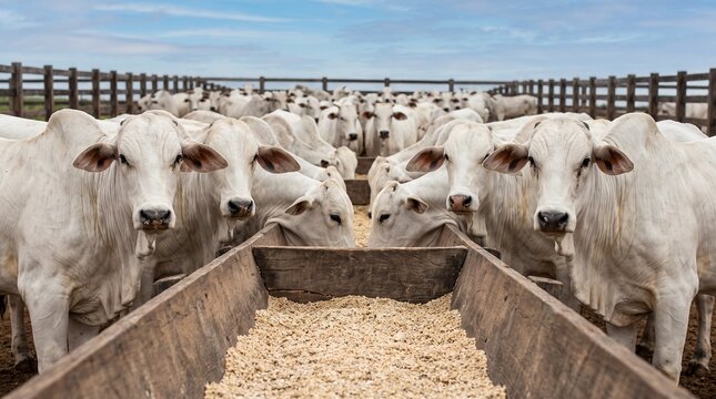 Touros Nelore de elite alimentando-se em cocho de madeira em fazenda brasileira. Pecu&aacute;ria de alta produtividade, foco em melhoramento gen&eacute;tico, qualidade premium, sustentabilidade e manejo rural.